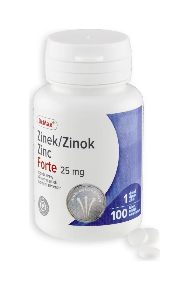 Dr. Max Zinok Forte 25 mg 1×100 tbl, vysoká dávka zinku v organickej forme