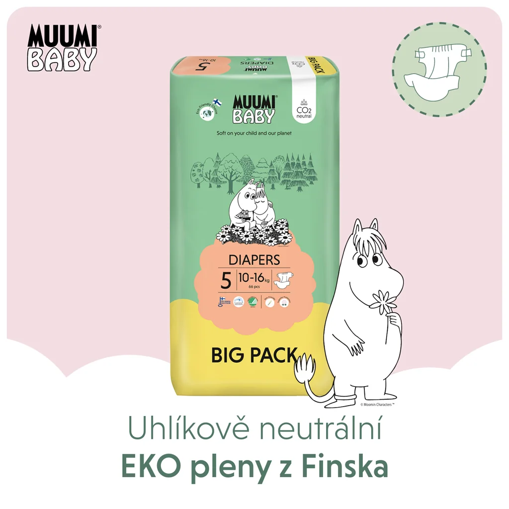 Muumi Baby 5 Maxi+ 10-16 kg, eko plienky 66 ks 1×66ks, EKO plienky