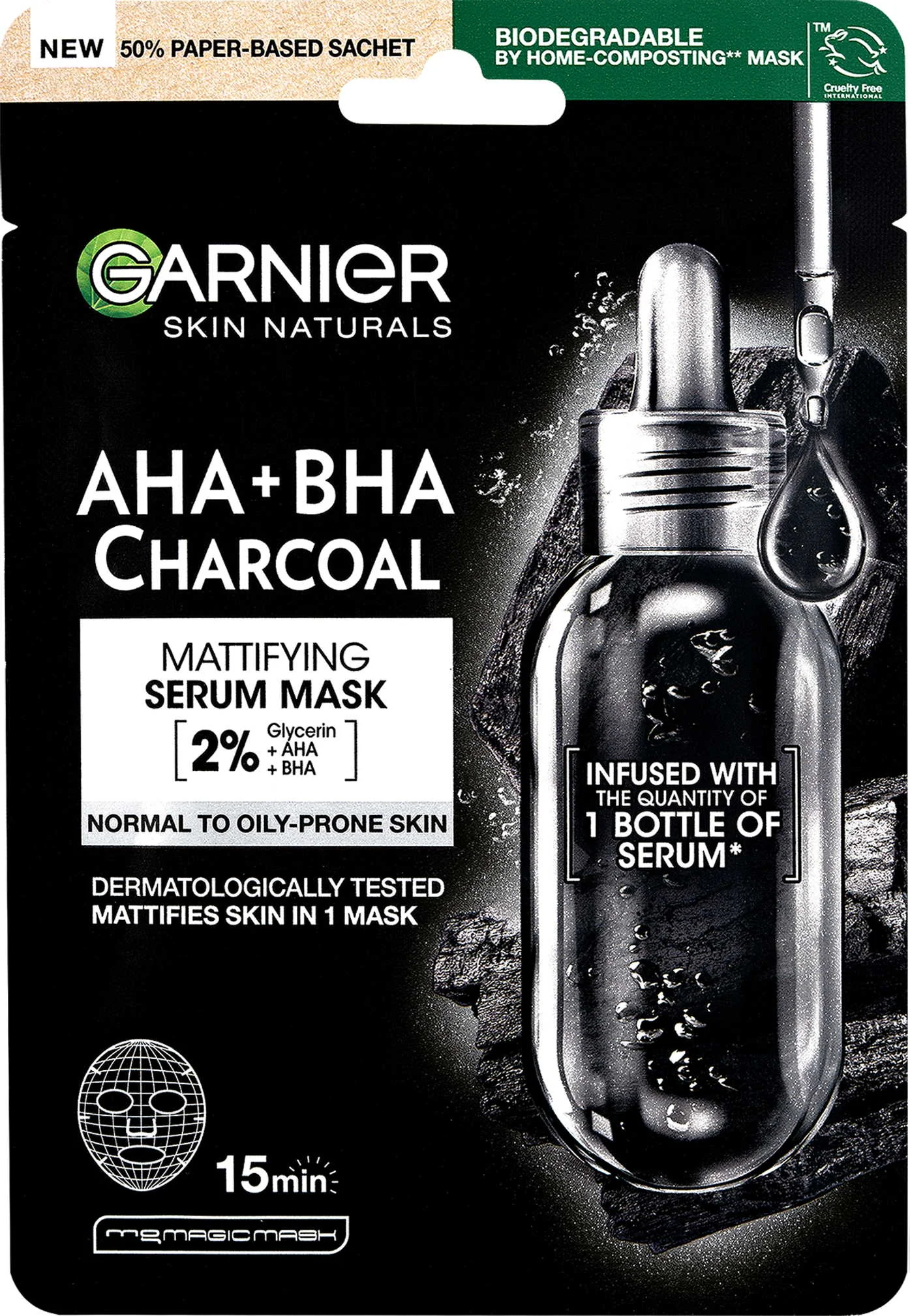 GARNIER Skin Black Mask PURE CHARCOAL Čierne riasy 1×32 g, hydratačná textilná maska s obsahom aktívneho uhlia