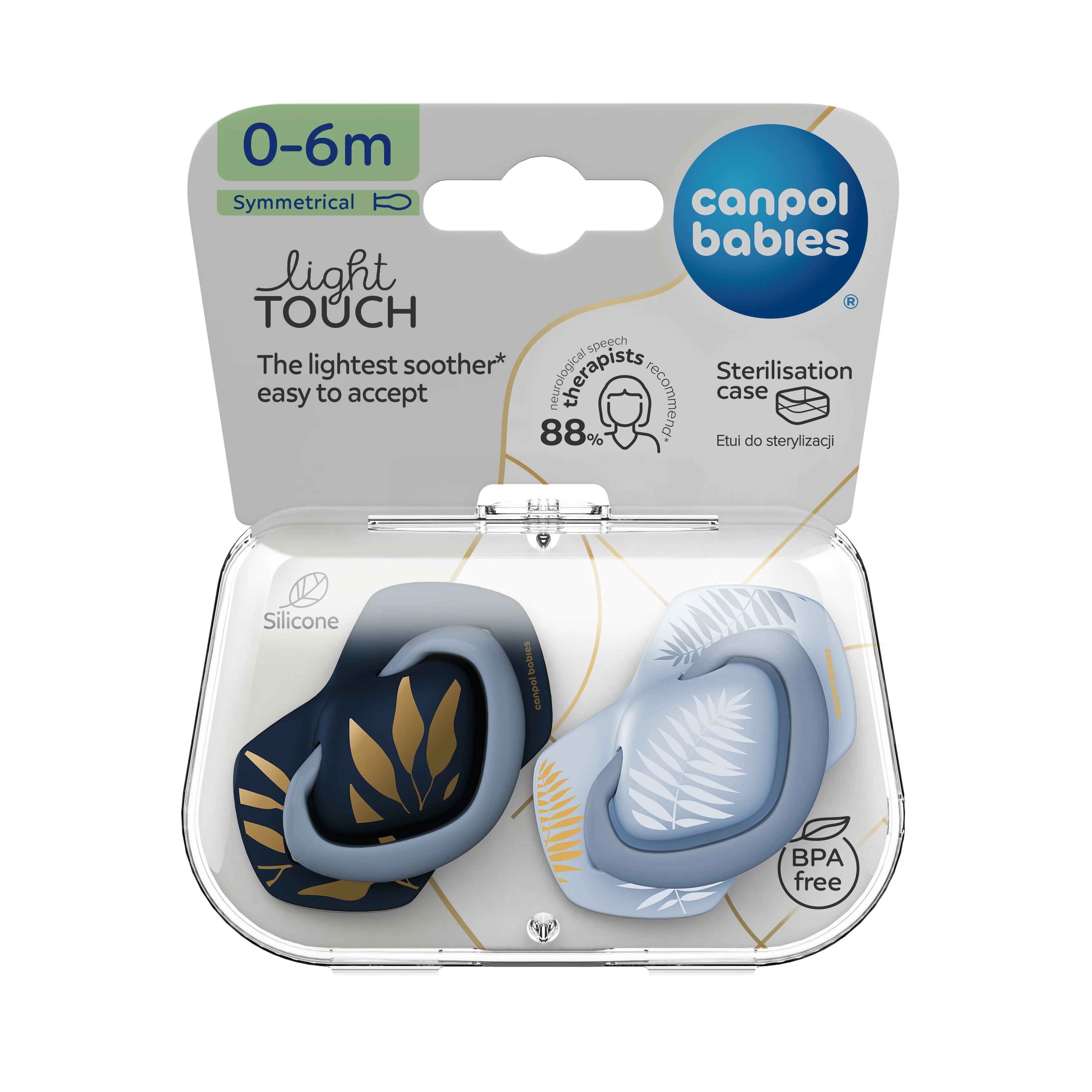 Canpol babies Set symetrických silikónových cumlíkov GOLD 0-6m modrý 1×2 ks, silikónový cumlík