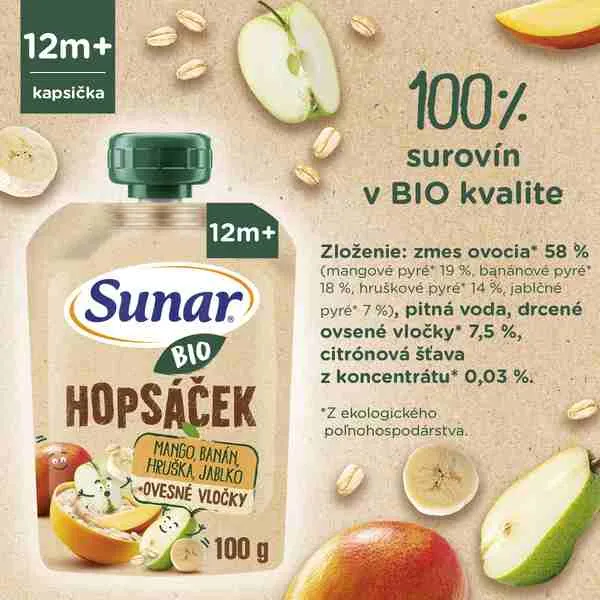 SUNAR BIO HOPSACEK mango, banán, hruška, jablko, ovos 1×100 g, ovocný príkrm