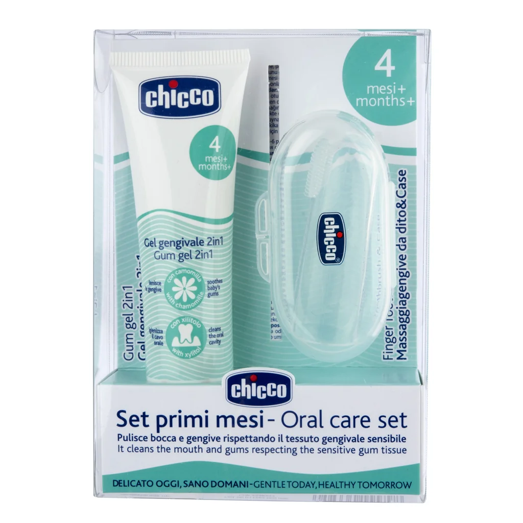 CHICCO Set zubný upokojujúci gél a kefka na prst s puzdrom 4m+ 1×1 ks