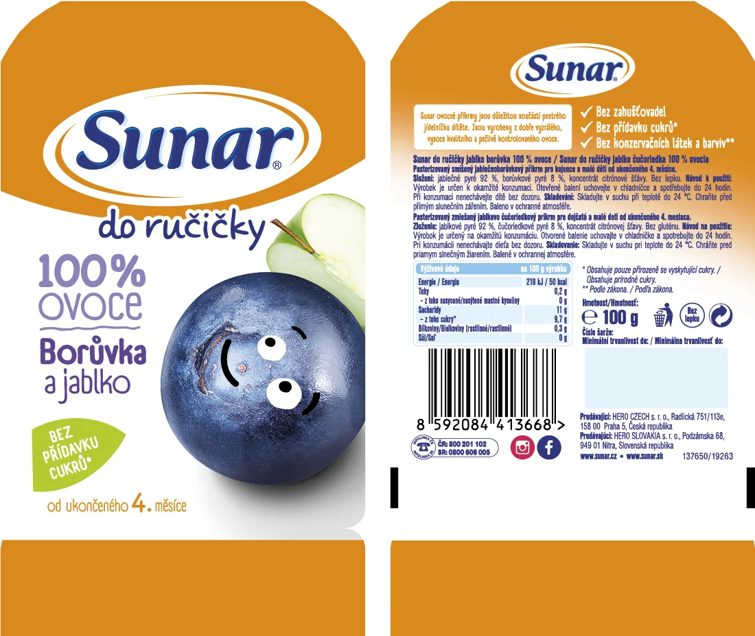 Sunar Do ručičky Čučoriedka a jablko 1×100 g, 100% ovocia (od ukonč. 4. mesiaca)