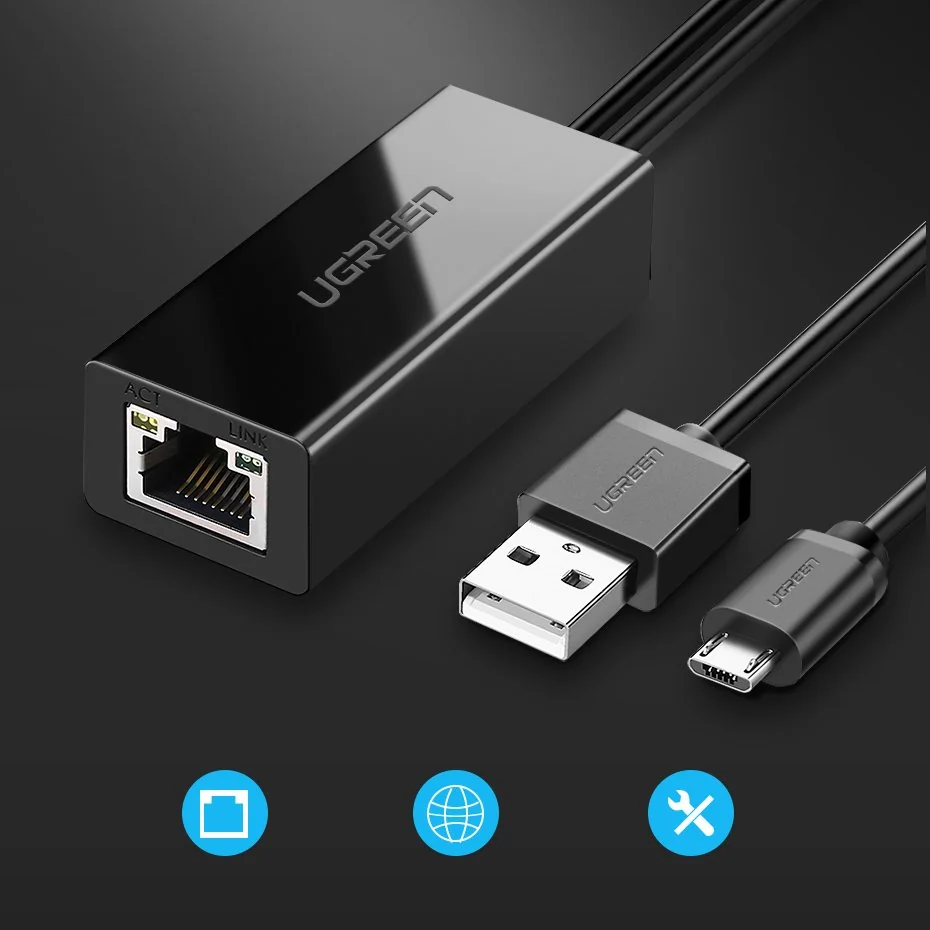 Ugreen USB externý sieťový adaptér pre Chromecast + kábel 1m, čierny 