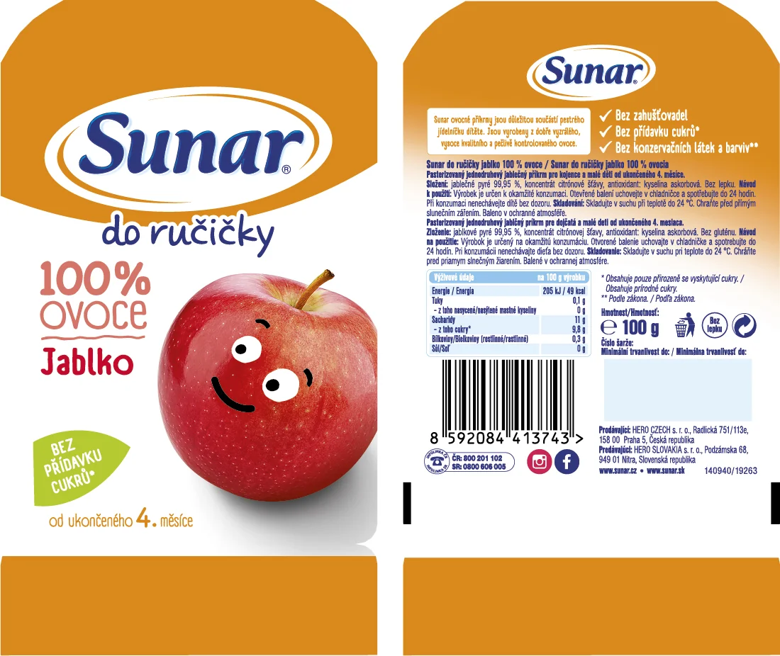 Sunar Do ručičky JABLKO 1×100 g, ovocný príkrm (100% ovocia), 4m+