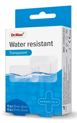 Dr. Max Náplasť Water resistant (38 x 38 mm) x 10 ks + (30 x 55 mm) x 10 ks, transparentná (inov. 2024) 1x20 ks