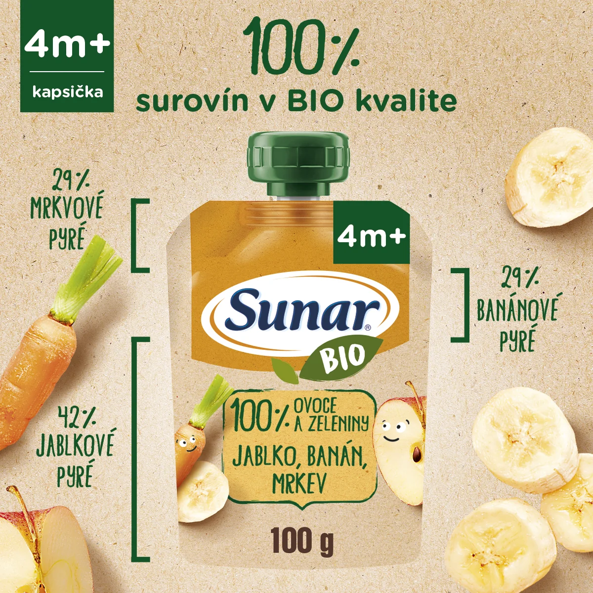 Sunar BIO Kapsička Jablko, banán, mrkva 1×100 g, príkrm (100% ovocia a zeleniny), 4m+