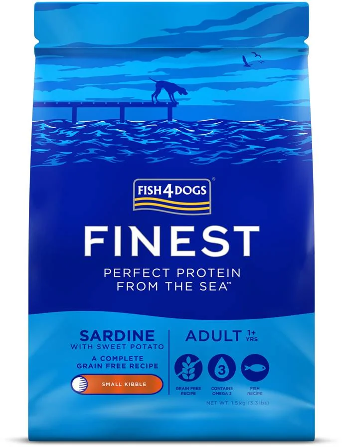 FISH4DOGS Granule malé pre dospelých psy Finest sardínka so sladkými zemiakmi 1,5kg, 1+